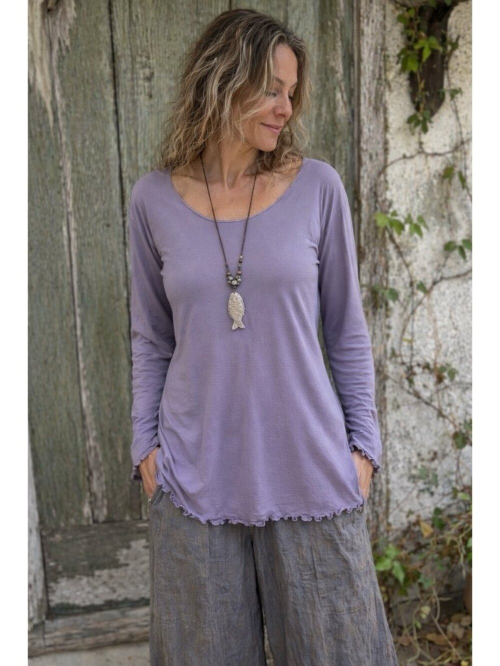 Blue Fish Womens Long Sleeve Top Sz 0 Small Mauve Organic Cotton Long Sleeve Tee